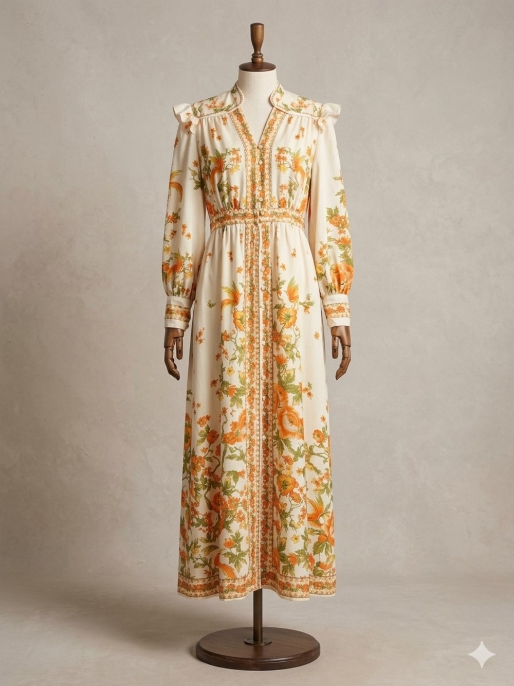Touch of Glam Vintage Style Orange & Green Floral Long Sleeve Maxi Dress F